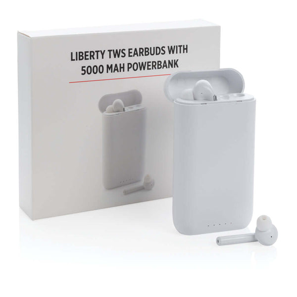 Auricolari Liberty TWS con powerbank 5.000 mAh bianco - personalizzabile con logo