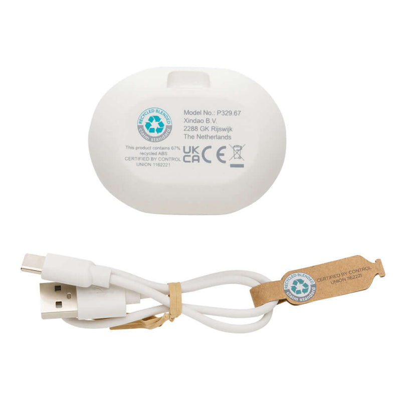 Auricolari TWS in plastica riciclata RCS Amy bianco - personalizzabile con logo