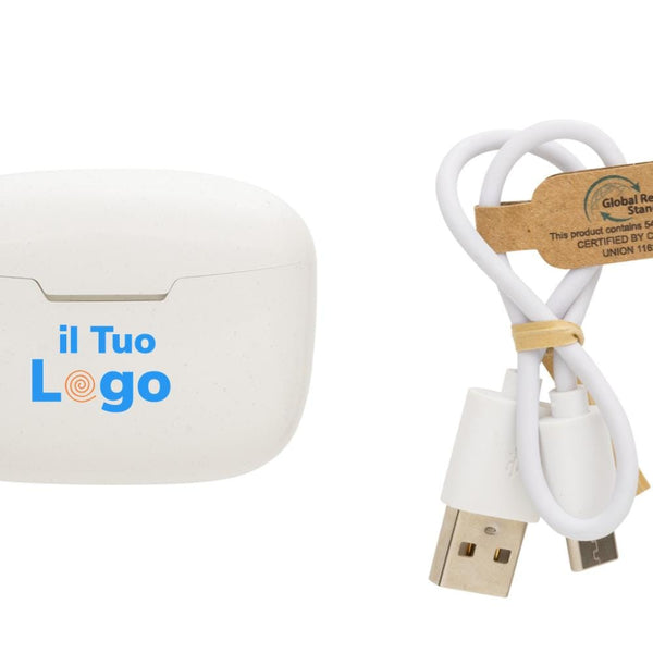 Auricolari wireless Liberty Pro in plastica riciclata RCS bianco - personalizzabile con logo
