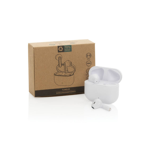 Auricolari wireless Tunevo in plastica riciclata RCS bianco - personalizzabile con logo