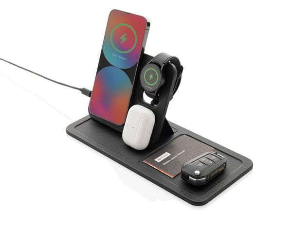 Base di ricarica wireless 3 in 1 Swiss Peak in rPU RCS nero - personalizzabile con logo