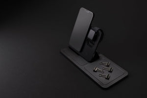 Base di ricarica wireless 3 in 1 Swiss Peak in rPU RCS nero - personalizzabile con logo