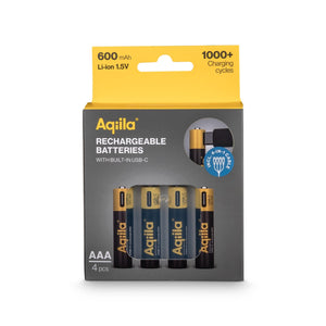 Batterie AAA ricaricabili Aqiila 600 mAh con USB-C, confezione da 4 Nero - personalizzabile con logo