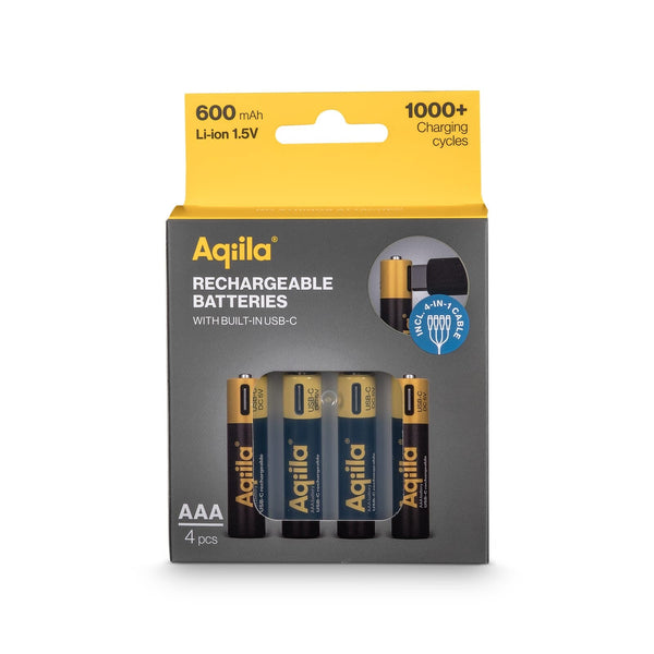 Batterie AAA ricaricabili Aqiila 600 mAh con USB-C, confezione da 4 Nero - personalizzabile con logo