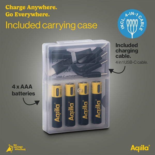 Batterie AAA ricaricabili Aqiila 600 mAh con USB-C, confezione da 4 Nero - personalizzabile con logo