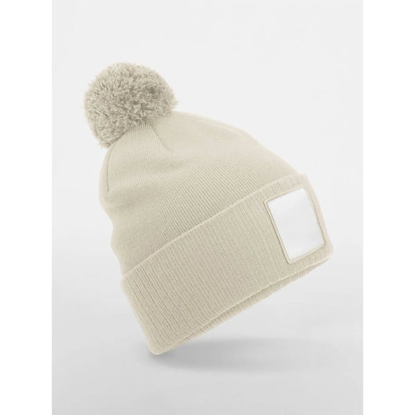 Berretto Appliqué Patch Pom Beanie beige - personalizzabile con logo