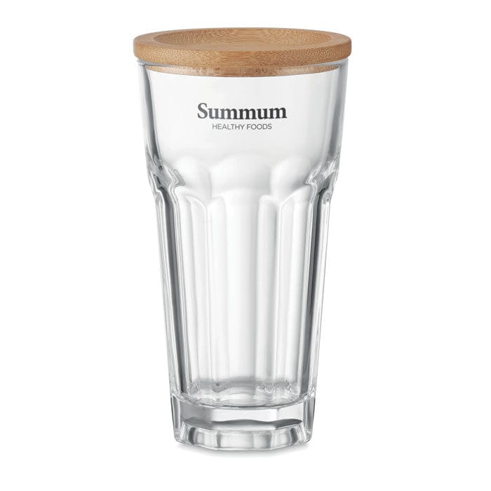 Bicchiere con tappo in bamboo trasparente - personalizzabile con logo