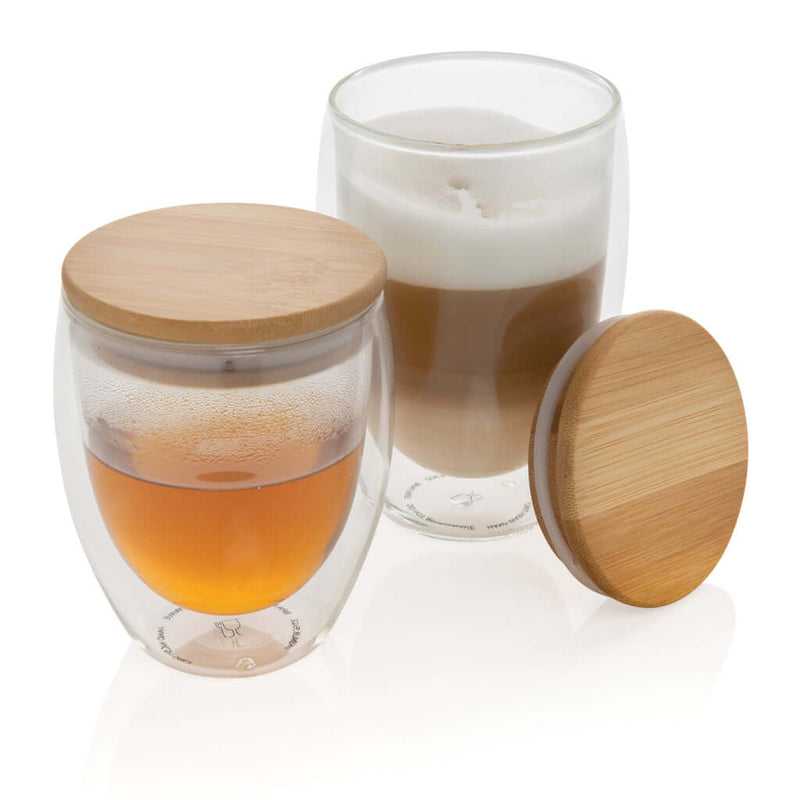 Bicchiere in vetro borosilicato con tappo in bambù 250ml trasparente - personalizzabile con logo
