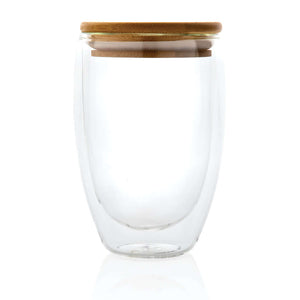 Bicchiere in vetro borosilicato con tappo in bambù 350ml trasparente - personalizzabile con logo