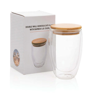 Bicchiere in vetro borosilicato con tappo in bambù 350ml trasparente - personalizzabile con logo