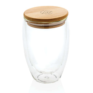 Bicchiere in vetro borosilicato con tappo in bambù 350ml trasparente - personalizzabile con logo