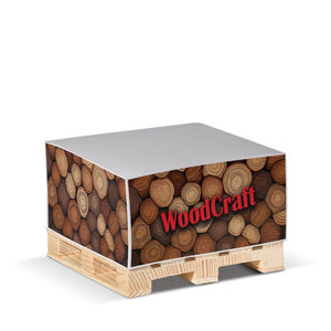 Blocchetto memo cubico 10x10x5cm FSC su pallet di legno Bianco - personalizzabile con logo