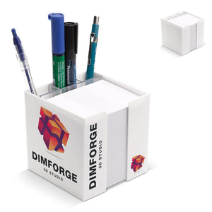 Blocco di carta in vassoio a cubo con portapenne 10x10x10 cm FSC - personalizzabile con logo