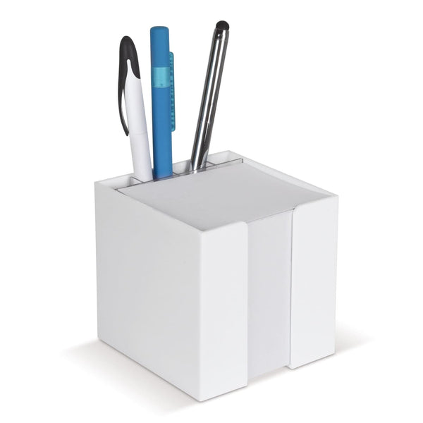 Blocco di carta in vassoio a cubo con portapenne 10x10x10 cm FSC - personalizzabile con logo
