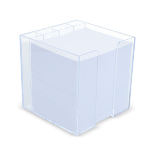 Blocco di carta in vassoio a cubo con portapenne 10x10x10 cm FSC Trasparente - personalizzabile con logo