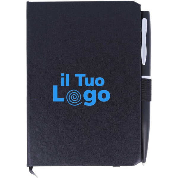 Blocco notes A6 con penna Nero - personalizzabile con logo