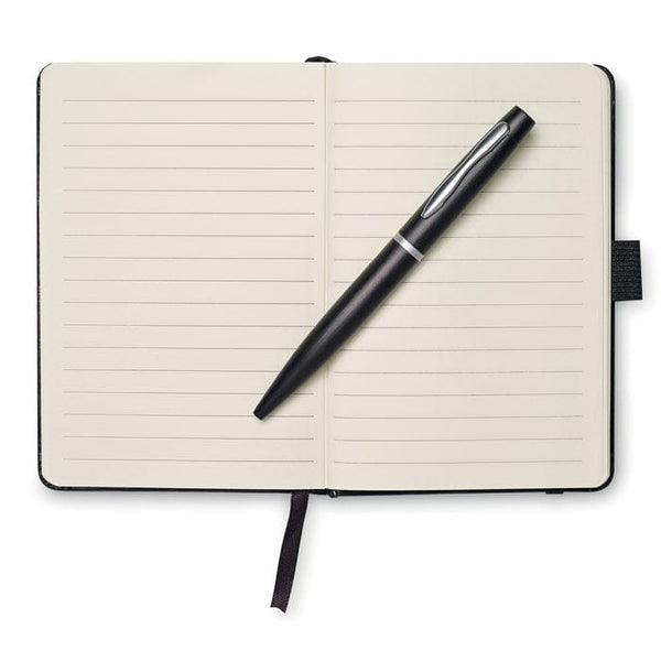 Blocco notes A6 con penna Nero - personalizzabile con logo