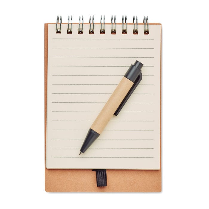 Blocco notes con penna e fogli beige - personalizzabile con logo