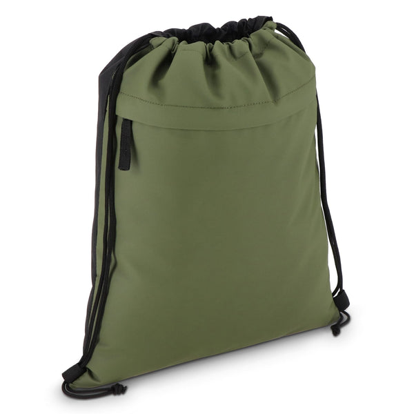 Borsa con coulisse in R-PET 600D rivestita in PU, 33 x 42 cm verde calce - personalizzabile con logo