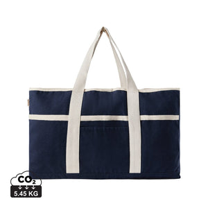 Borsa spiaggia VINGA Volonne in tela riciclata AWARE™ blu navy, verde calce - personalizzabile con logo