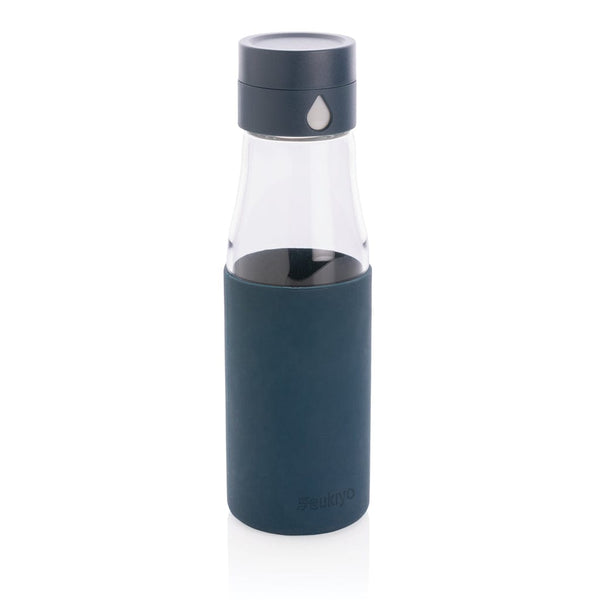 Bottiglia di monitoraggio dell'idratazione in vetro Ukiyo blu - personalizzabile con logo