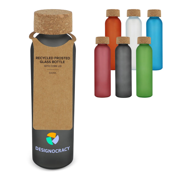 Bottiglia di vetro riciclato effetto ghiaccio con tappo in sughero 500ml - personalizzabile con logo