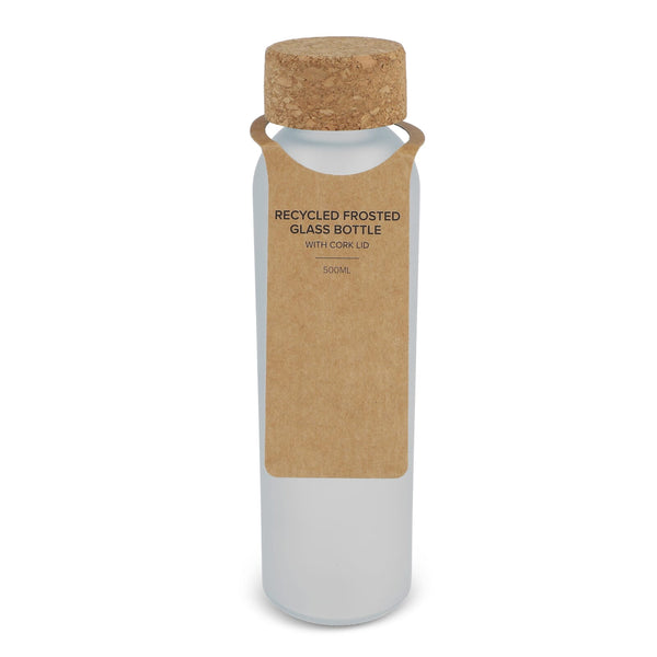Bottiglia di vetro riciclato effetto ghiaccio con tappo in sughero 500ml Satinata bianco - personalizzabile con logo