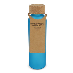 Bottiglia di vetro riciclato effetto ghiaccio con tappo in sughero 500ml Satinata Blue - personalizzabile con logo
