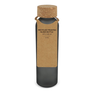 Bottiglia di vetro riciclato effetto ghiaccio con tappo in sughero 500ml Satinata Nero - personalizzabile con logo