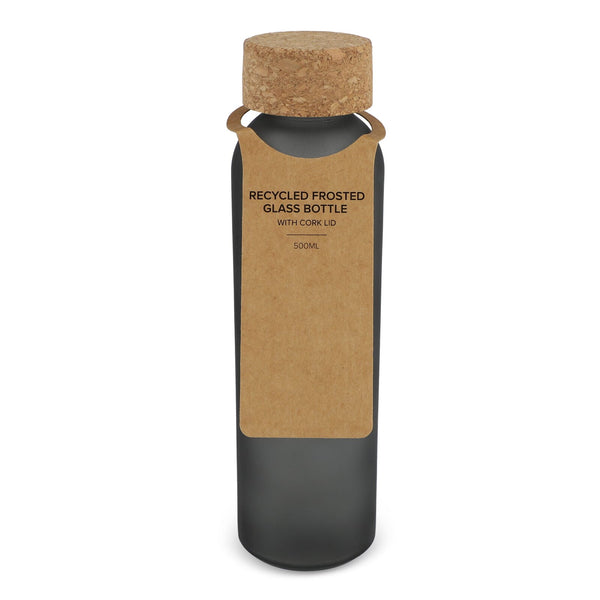 Bottiglia di vetro riciclato effetto ghiaccio con tappo in sughero 500ml Satinata Nero - personalizzabile con logo