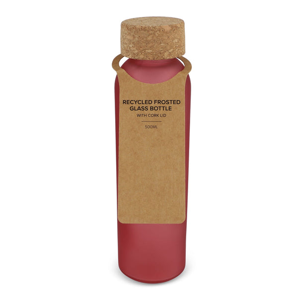 Bottiglia di vetro riciclato effetto ghiaccio con tappo in sughero 500ml Satinata Rosso - personalizzabile con logo