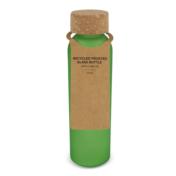 Bottiglia di vetro riciclato effetto ghiaccio con tappo in sughero 500ml Satinata verde - personalizzabile con logo
