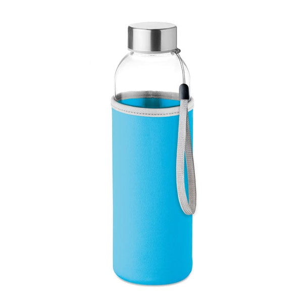Bottiglia in vetro 500 ml con fodero colorate azzurro - personalizzabile con logo