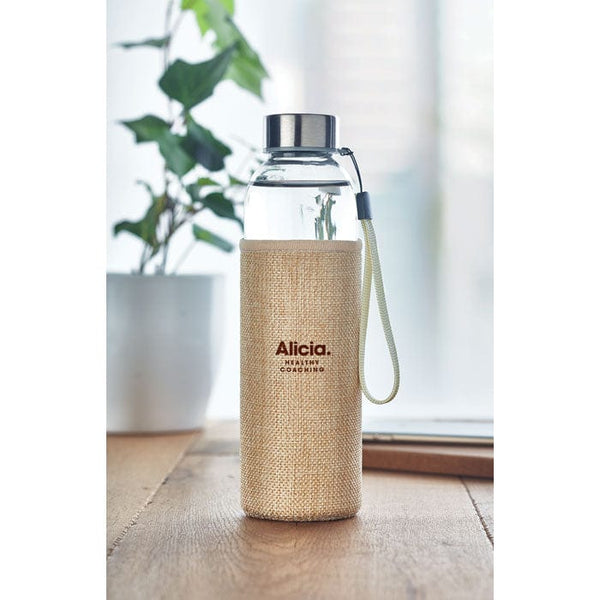 Bottiglia in vetro 500 ml con fodero neutro beige - personalizzabile con logo