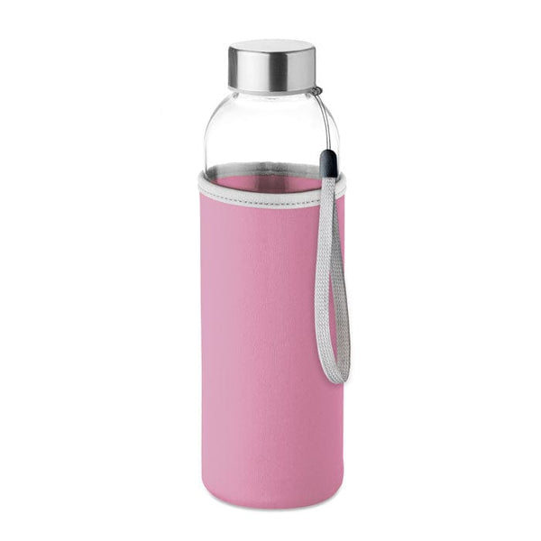 Bottiglia in vetro 500 ml con fodero colorate rosa - personalizzabile con logo