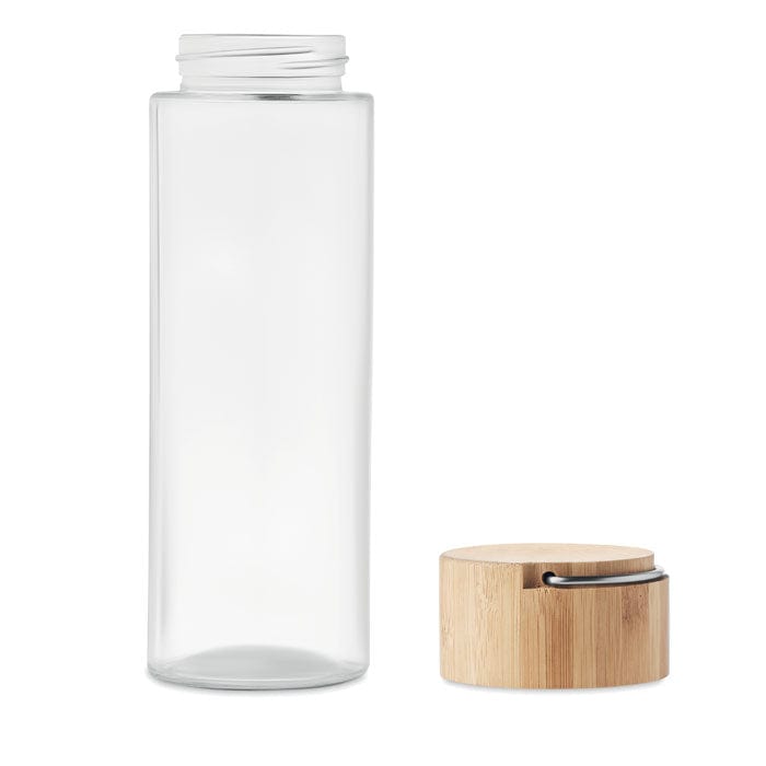 Bottiglia in vetro 500 ml con tappo bamboo e manico trasparente - personalizzabile con logo
