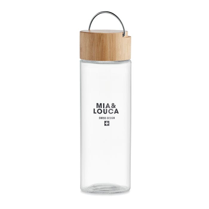 Bottiglia in vetro 500 ml con tappo bamboo e manico trasparente - personalizzabile con logo