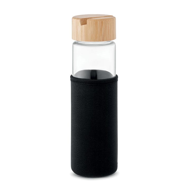 Bottiglia in vetro 600 ml con fodero Nero - personalizzabile con logo