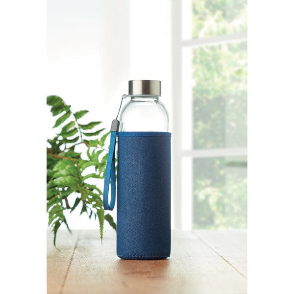 Bottiglia in vetro con pouch blu - personalizzabile con logo