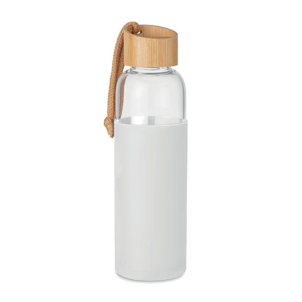 Bottiglia in vetro da 500 ml con tappo in bamboo bianco - personalizzabile con logo