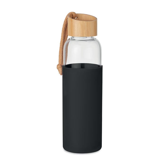 Bottiglia in vetro da 500 ml con tappo in bamboo Nero - personalizzabile con logo