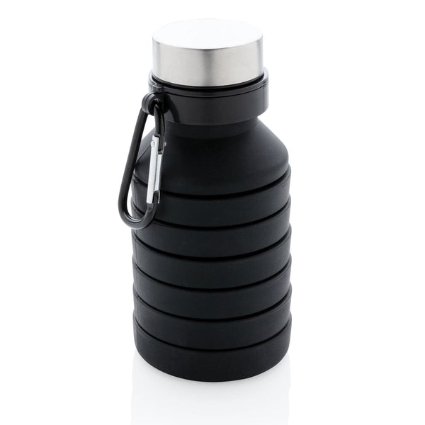 Bottiglia pieghevole in silicone con tappo nero - personalizzabile con logo