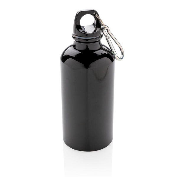 Bottiglia sportiva in alluminio con moschettone 400ml nero - personalizzabile con logo