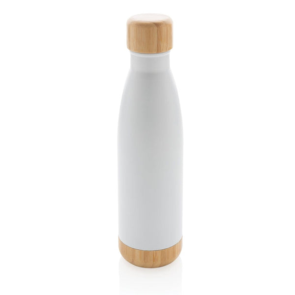 Bottiglia termica in acciaio con tappo e fondo in bambù bianco - personalizzabile con logo