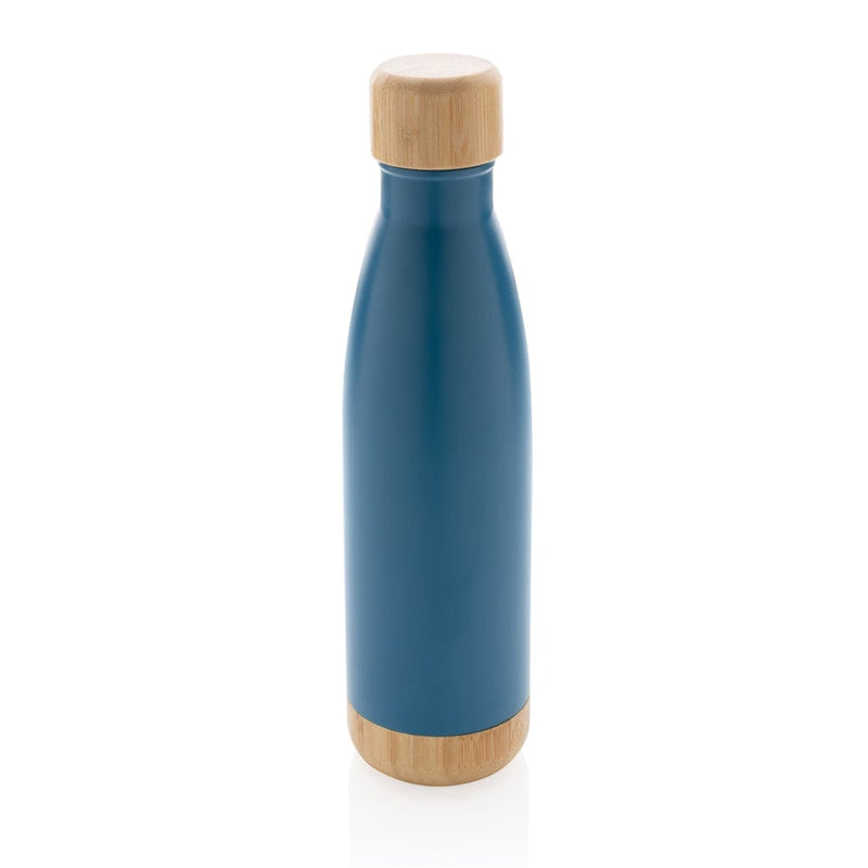 Bottiglia termica in acciaio con tappo e fondo in bambù blu - personalizzabile con logo