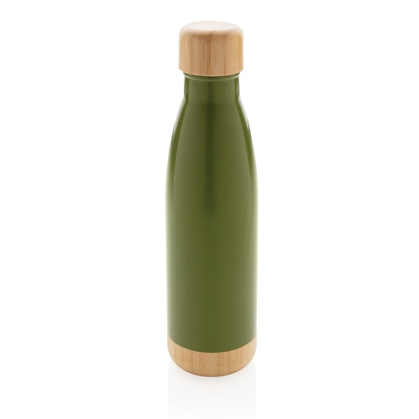 Bottiglia termica in acciaio con tappo e fondo in bambù verde - personalizzabile con logo