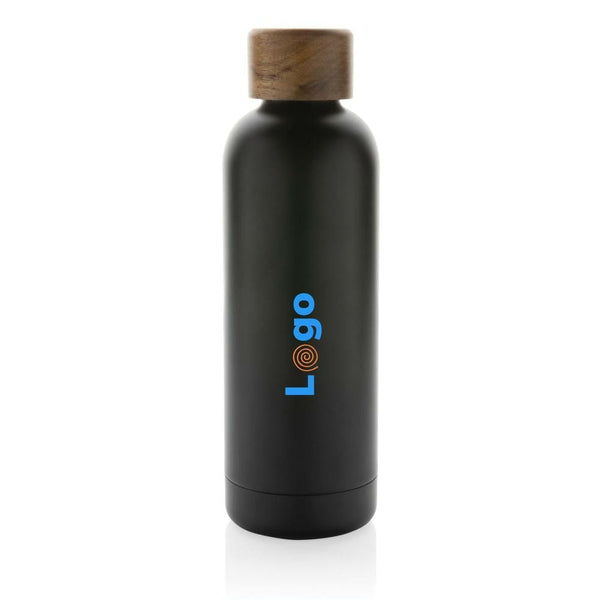 Bottiglia termica Wood in acciaio riciclato  certificato RCS nero - personalizzabile con logo