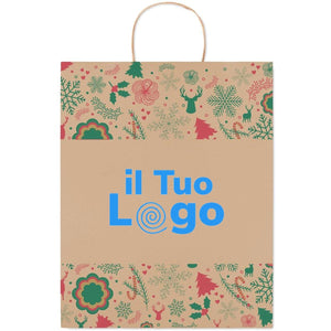 Busta regalo grande decori Natale beige - personalizzabile con logo
