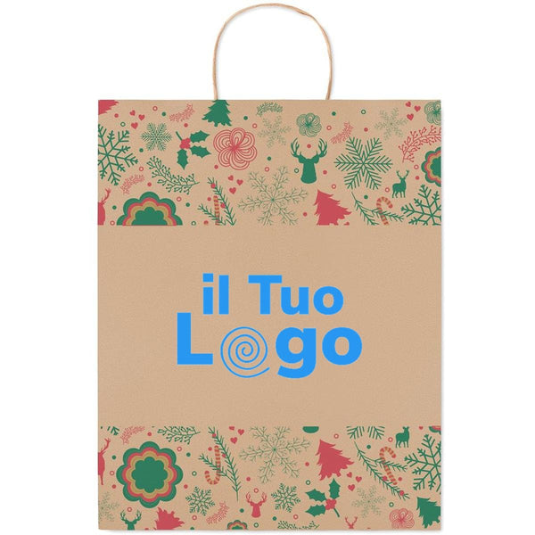 Busta regalo grande decori Natale beige - personalizzabile con logo