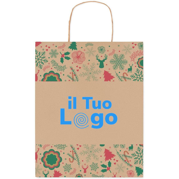 Busta regalo media decori Natale beige - personalizzabile con logo